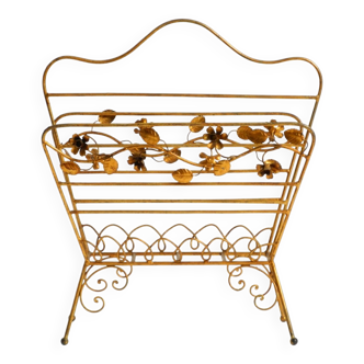 Extraordinary mid-century newspaper and magazine rack with a gilded metal