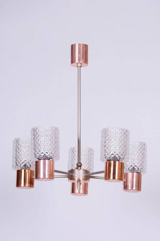 Mid-Century Chandelier in Chrome, Steel, Copper, and Glass, Czech, 1960s