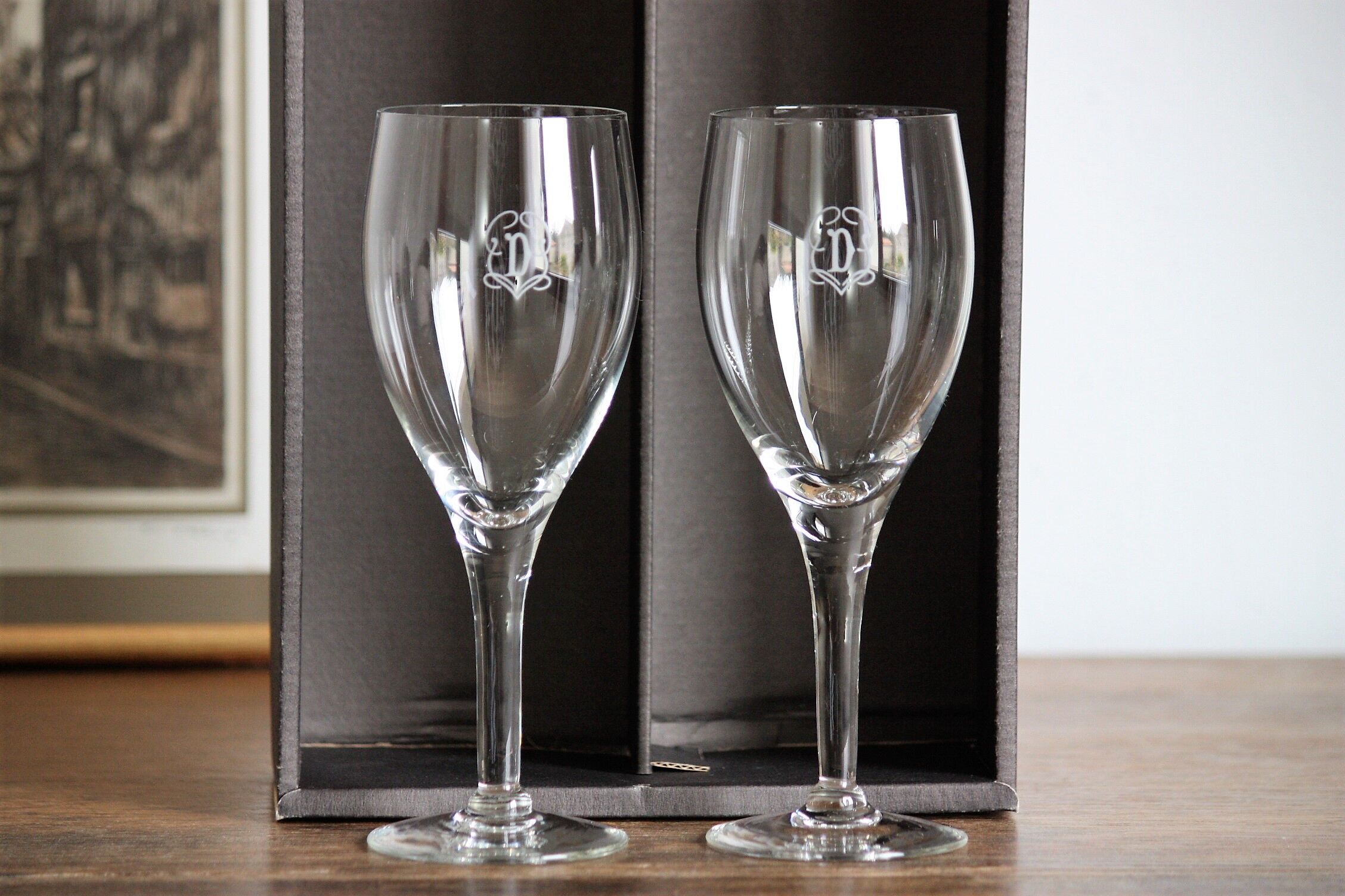 2 "D" monogrammed wine glasses