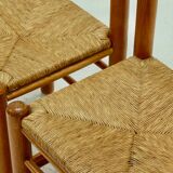 Set of 4 solid oak & rush brutalist dining chairs 1960s
