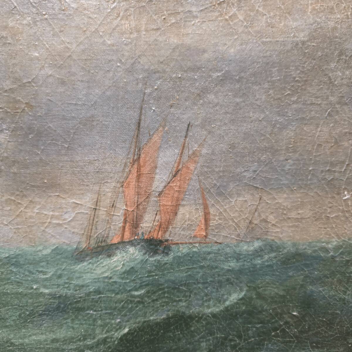 Antique Painting With A Sailboat On A Rough Sea, from around 1900