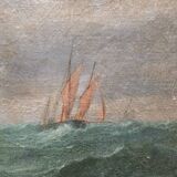 Antique Painting With A Sailboat On A Rough Sea, from around 1900