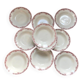Set of 10 vintage deep plates, stencil decoration in red diamonds.