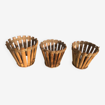 Trois cache pots vintage en bambou