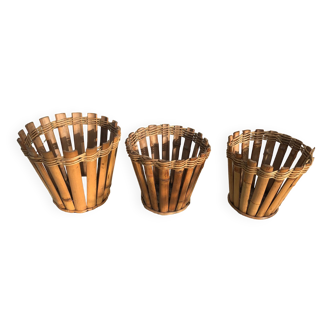 Trois cache pots vintage en bambou