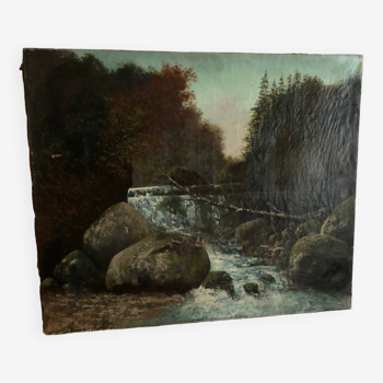 Oil on canvas old waterfall in the forest