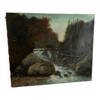Oil on canvas old waterfall in the forest