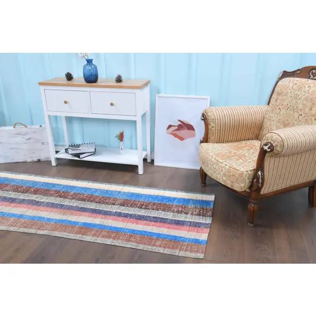 Vintage Turkish Hand-Knotted Wool Cotton Beige Kilim Runner Rug 87x237
