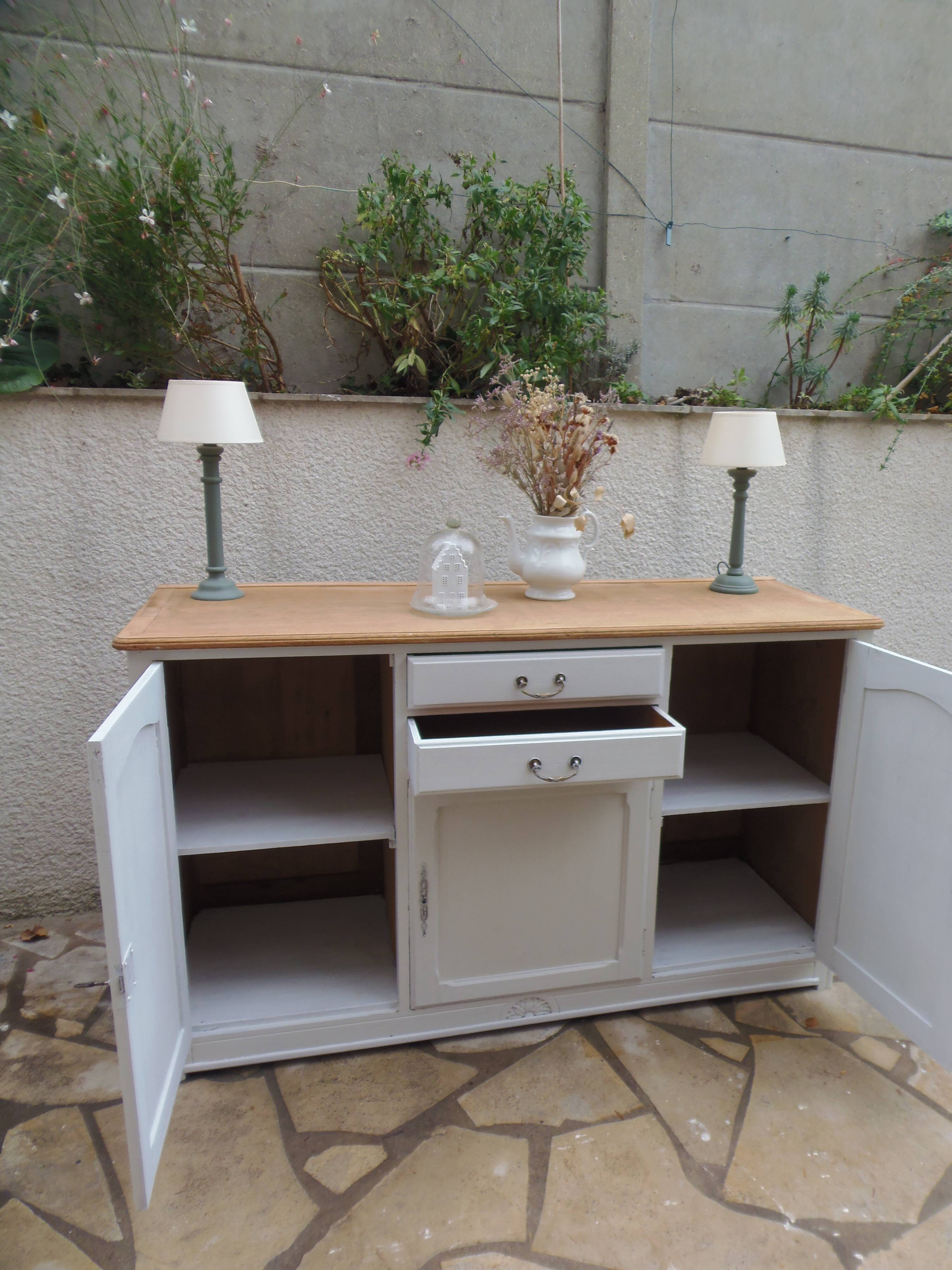 Vintage sideboard in pearl grey patinated oak, wooden top.
