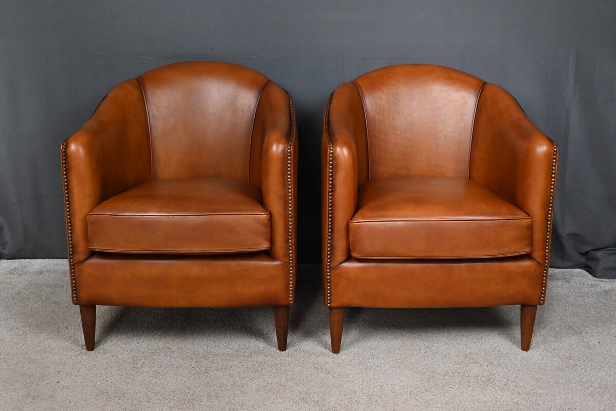 Pair of Solange club armchairs in sheepskin leather – reproduction