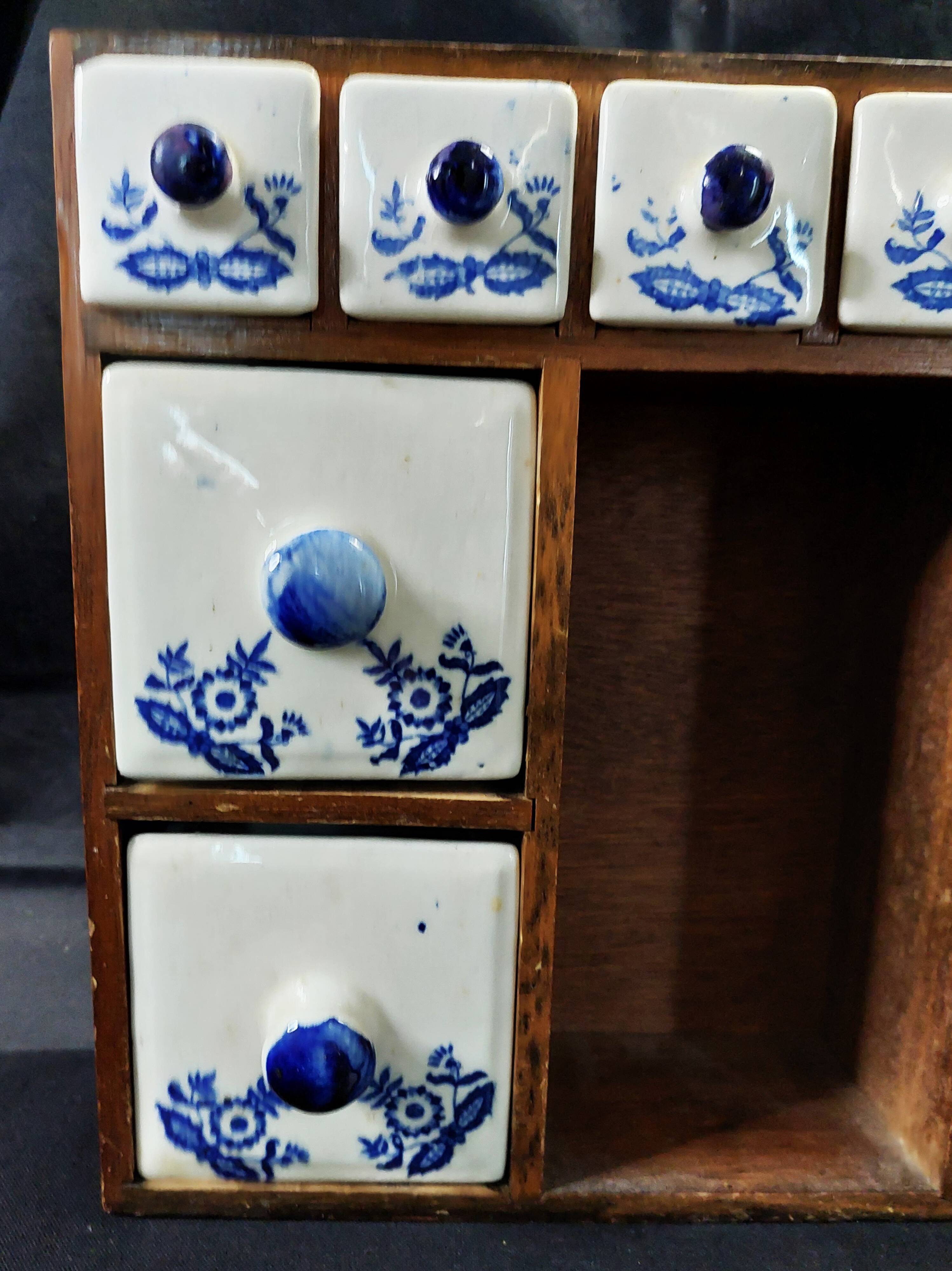 Vintage spice rack wood and earthenware blue decor