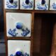 Vintage spice rack wood and earthenware blue decor