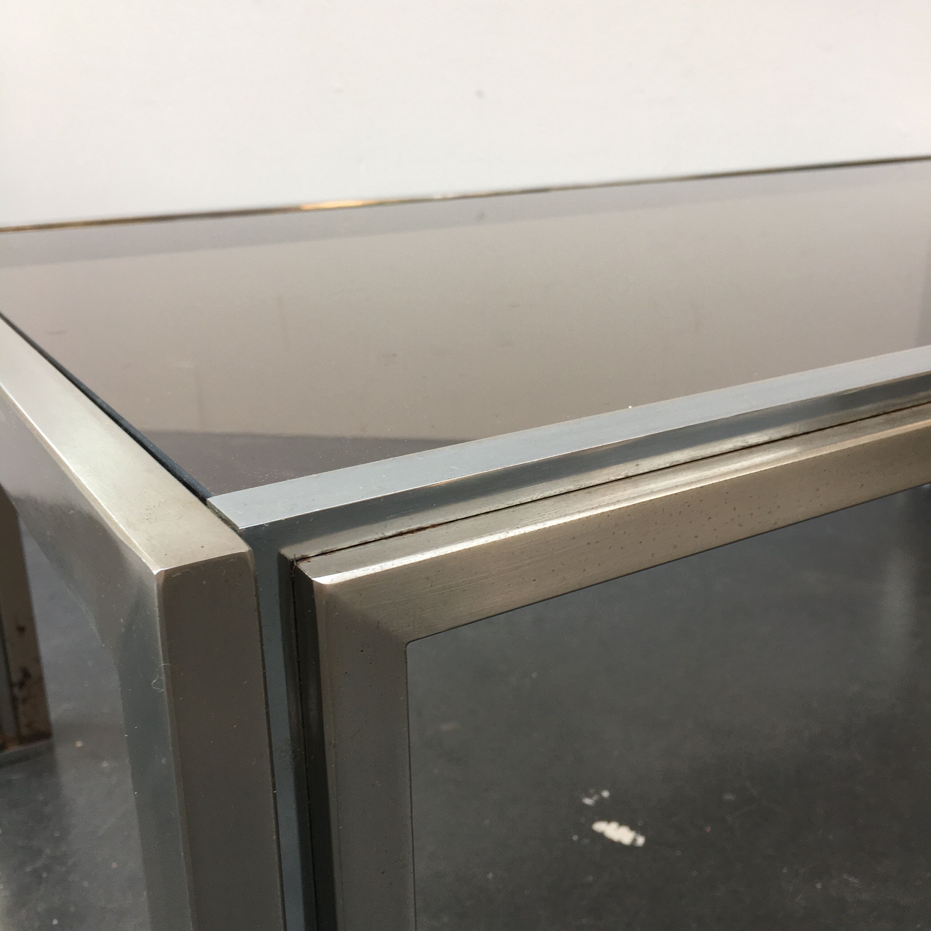 70s coffee table in chrome and smoked glass