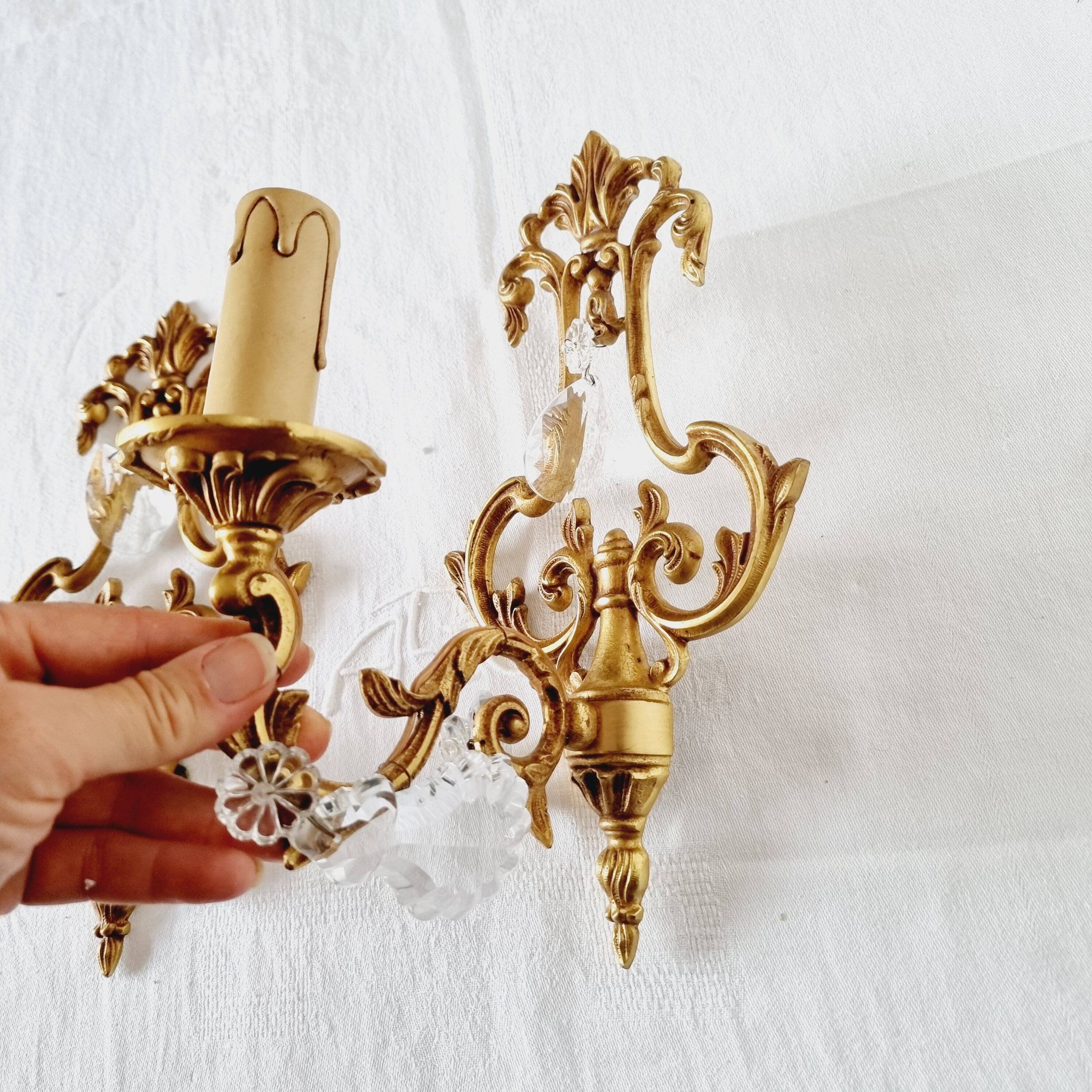 2 antique bronze and rock crystal candles and one light sconces in classic style