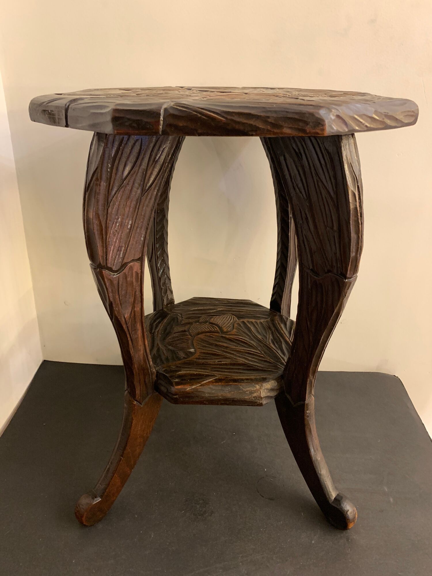 Japanese side table, carved wood, Liberty of London, 1900