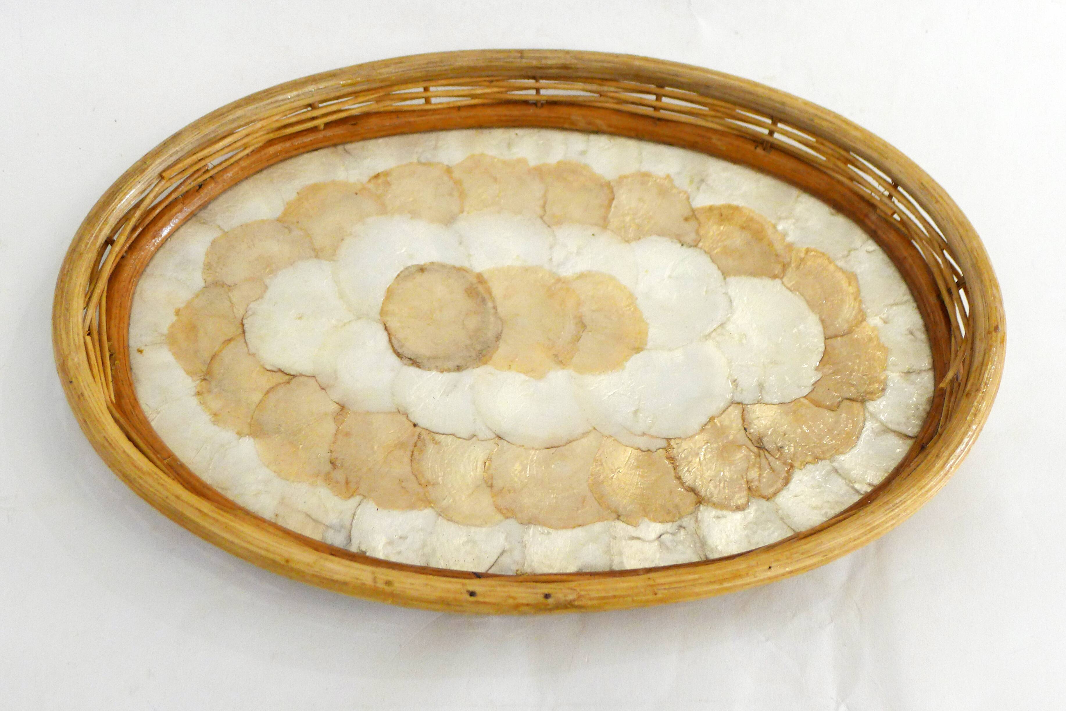 Mother-of-pearl and rattan tray