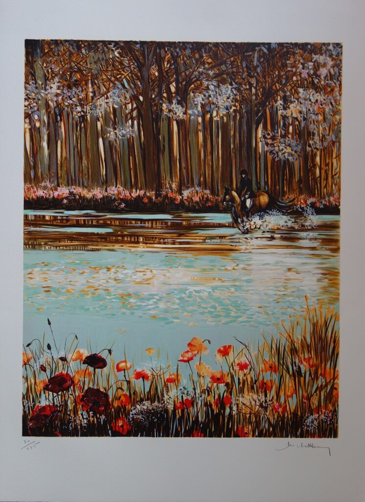 Michel Henry : Cavalier dans le sous-bois aux coquelicots, lithographie originale signée