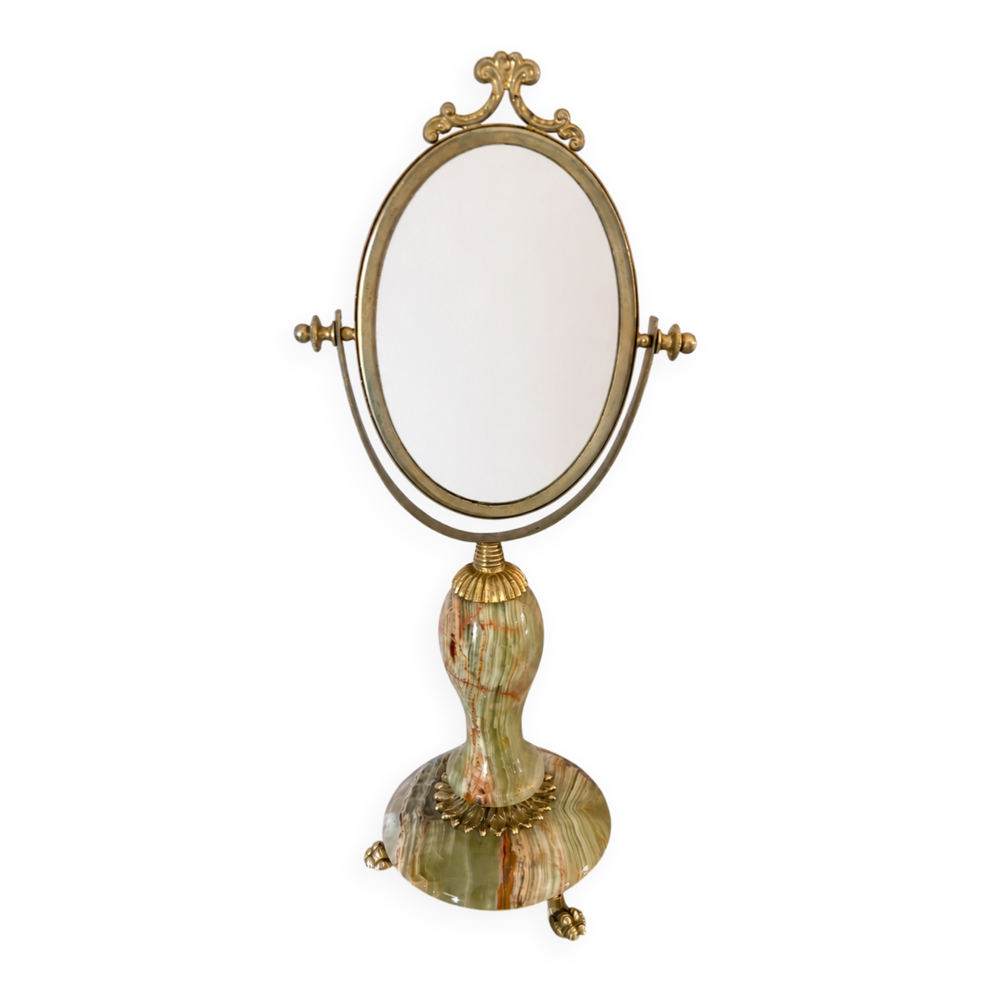 Miroir de table vintage en onyx vert et laiton doré