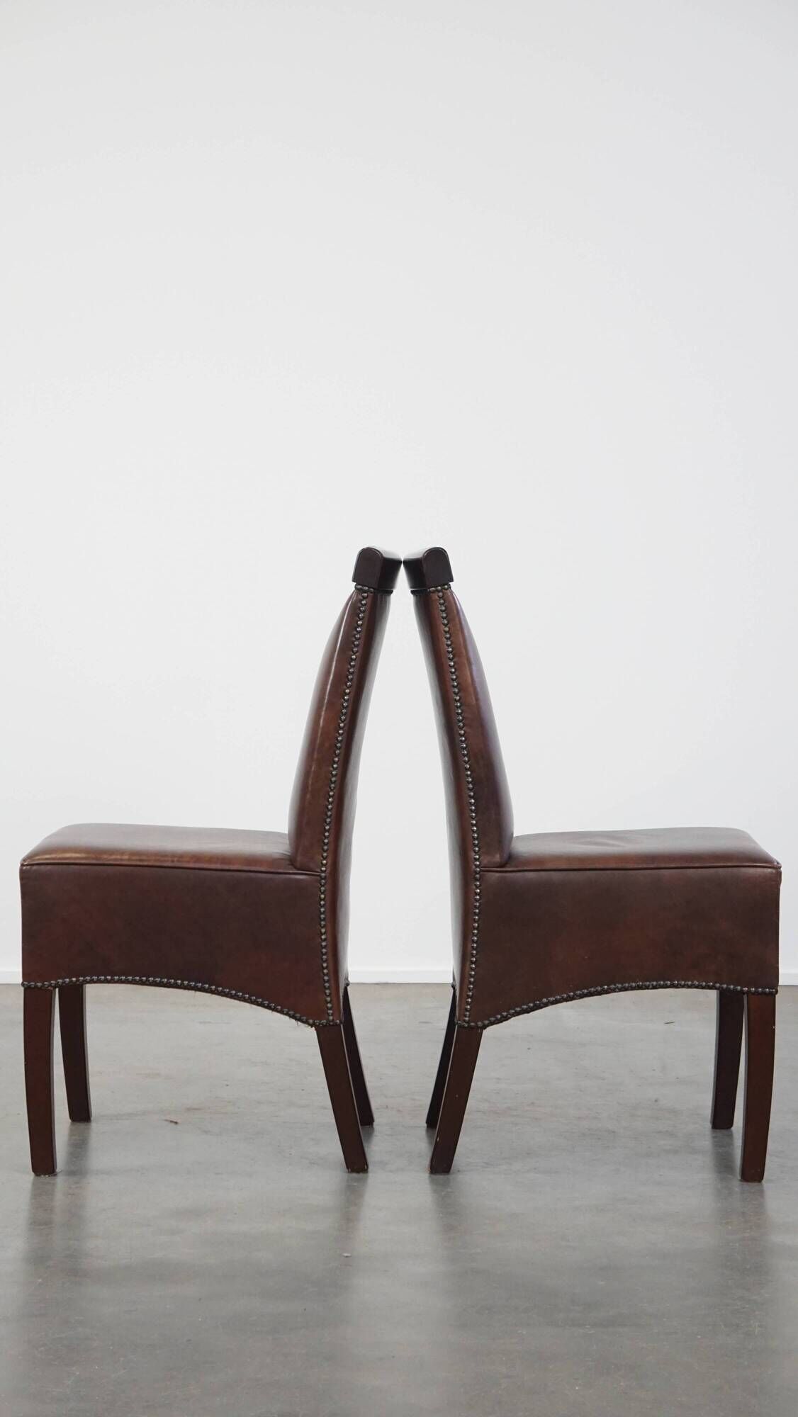 Set of 6 cognac-colored cowhide Art Deco design dining room chairs