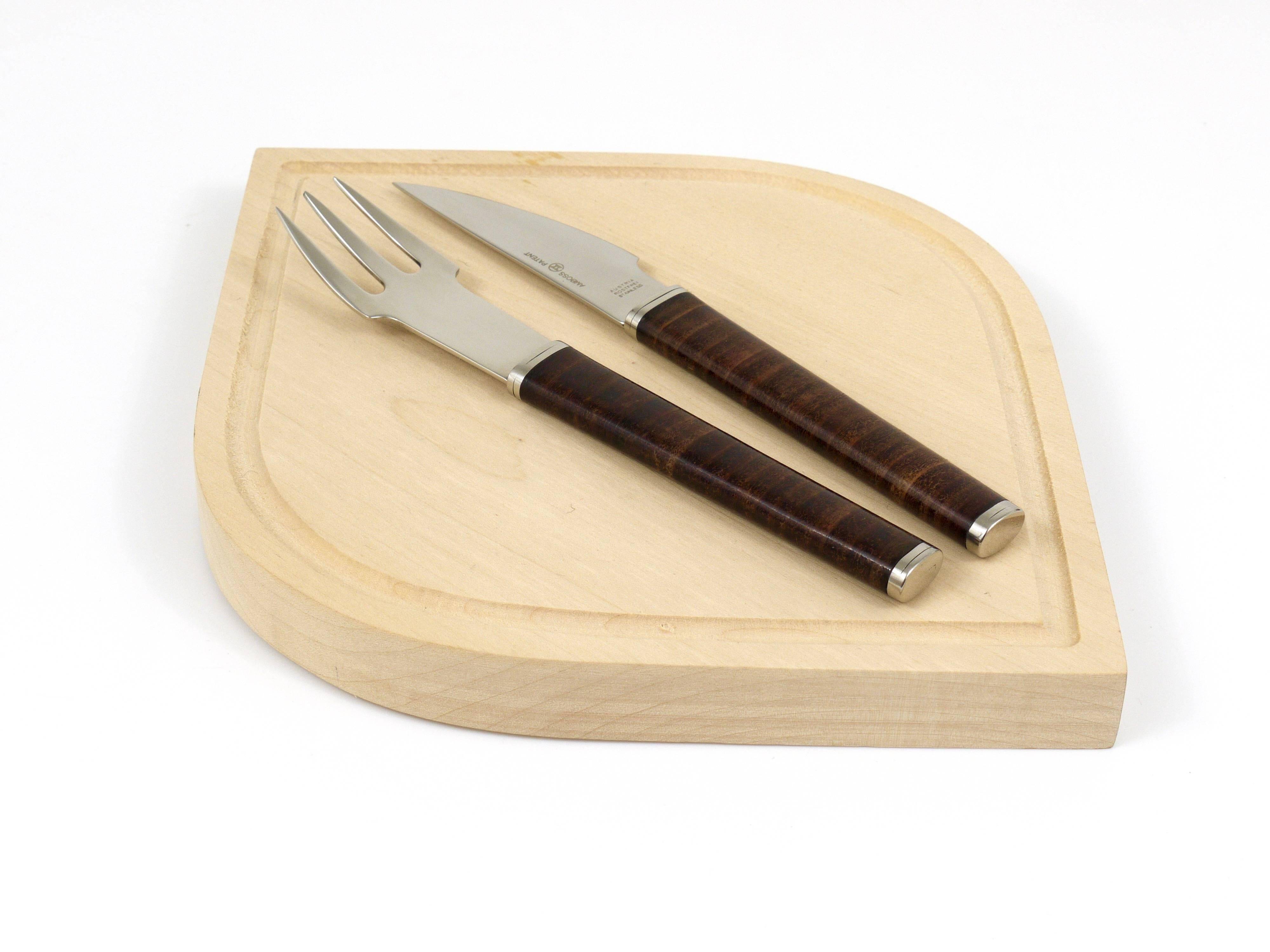 Snack set János Megyik, knife, fork and wooden board, Amboss Austria, 1970s