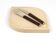 Snack set János Megyik, knife, fork and wooden board, Amboss Austria, 1970s