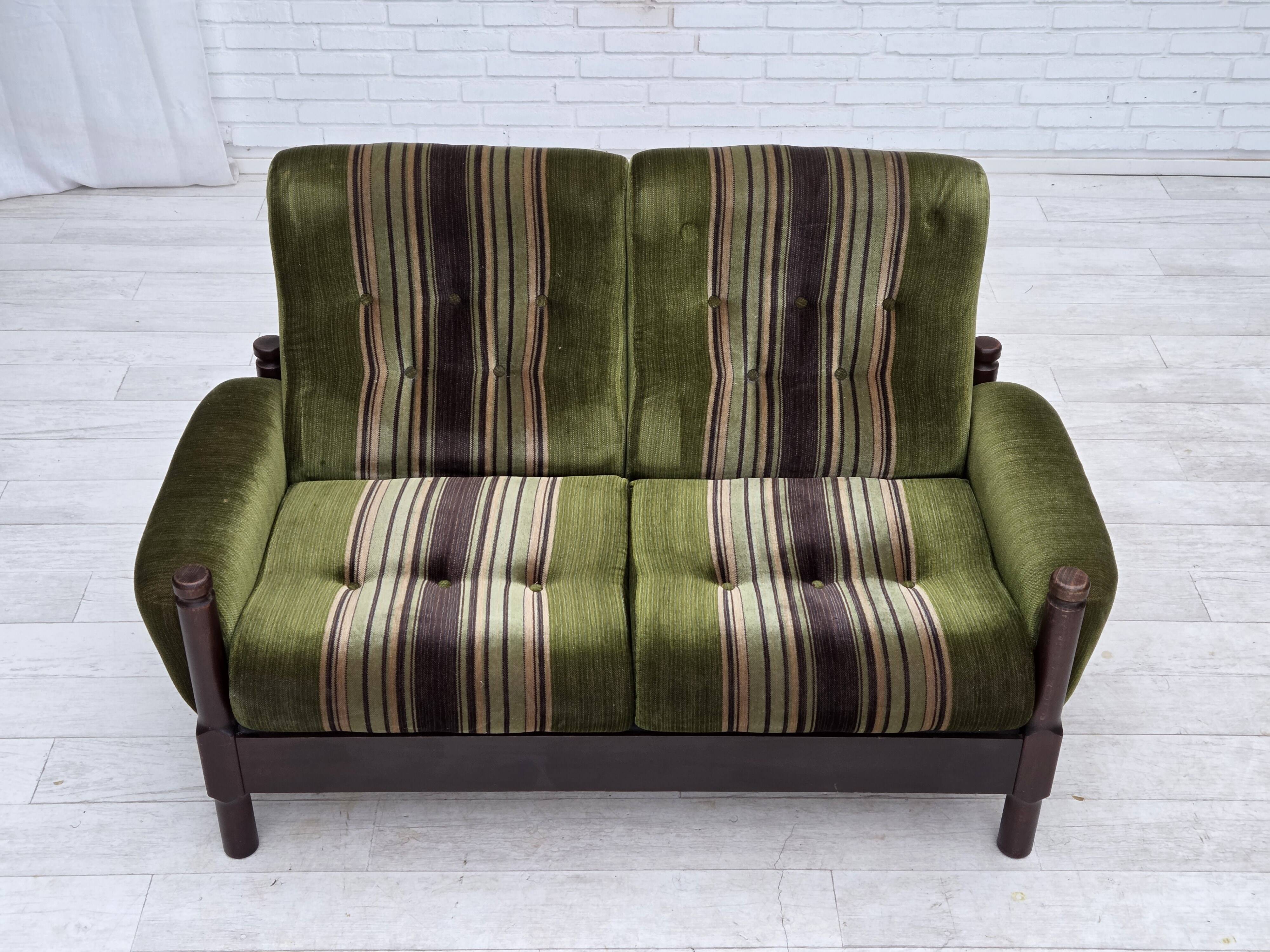 1970s, Scandinavian 2-seater sofa, green furniture velour, beech wood.