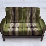 1970s, Scandinavian 2-seater sofa, green furniture velour, beech wood.