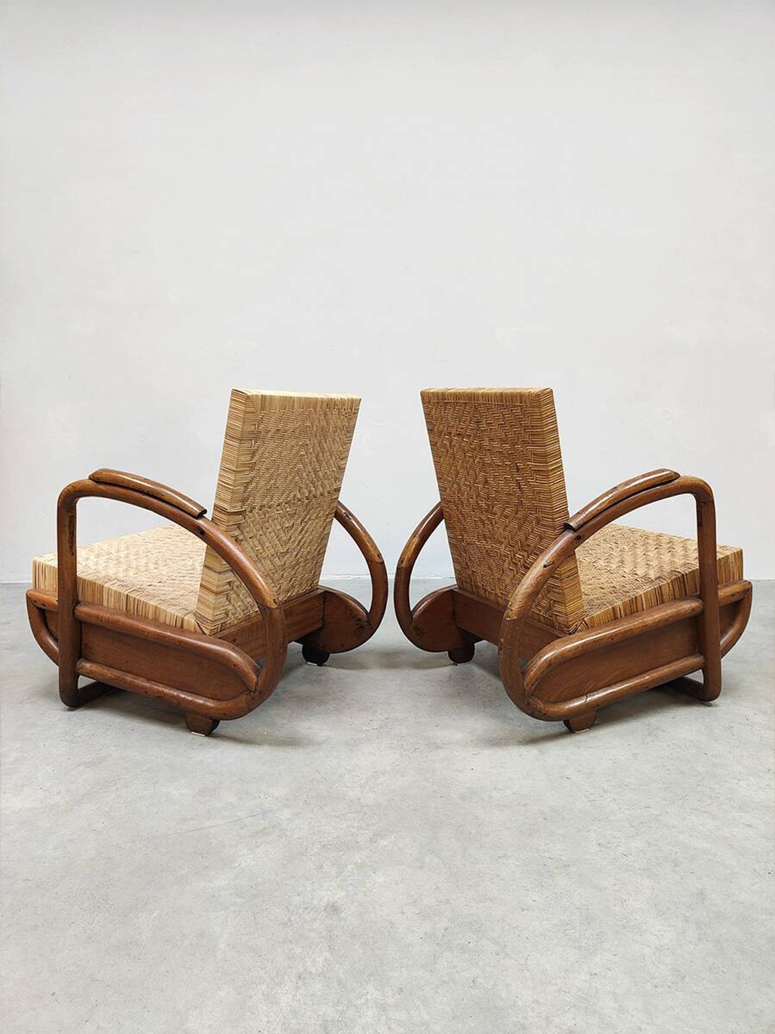 2 fauteuils en rotin tressé, Art Déco