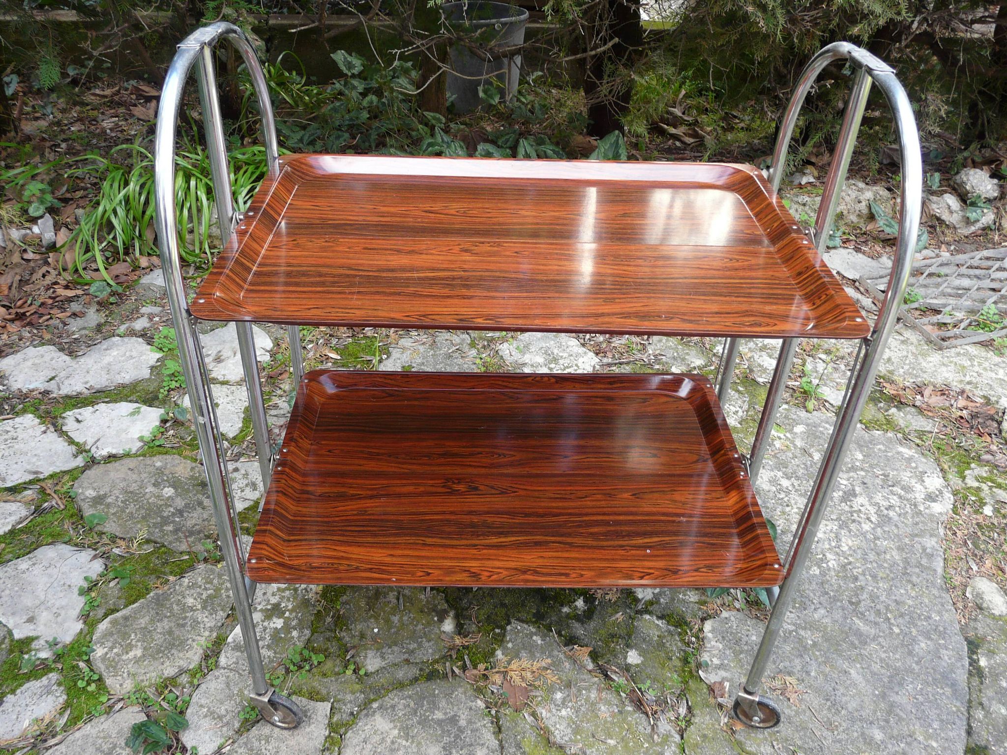 Vintage folding rolling trolley with 2 trays