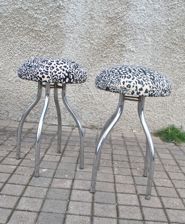 Lot de 2 tabourets champignon vintage DESIGN en métal chromé et assise velours Léopard