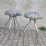 Set of 2 vintage DESIGN mushroom stools in chromed metal and Leopard velvet seat