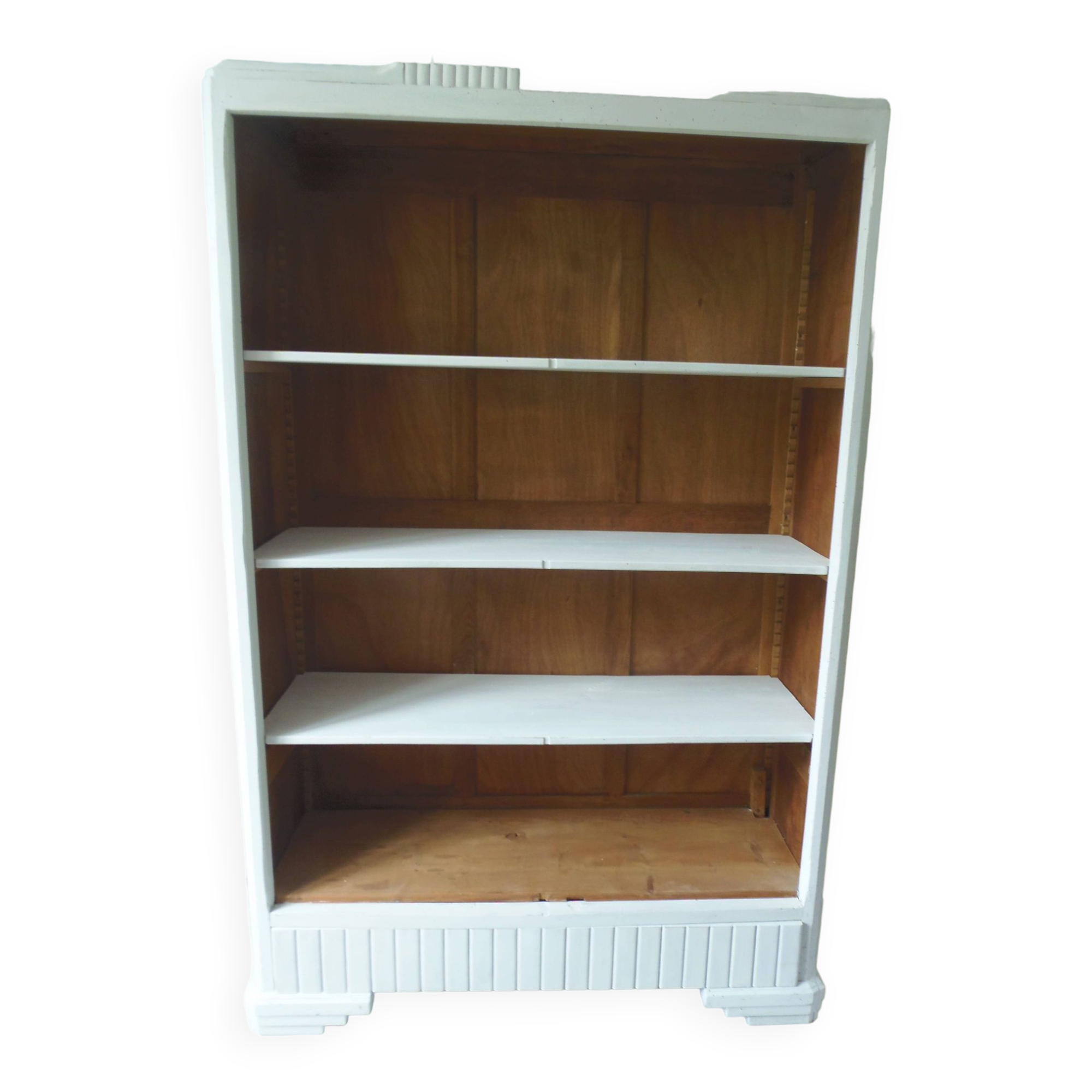 Re-enchanted vintage bookcase in pearl grey waxed finish.