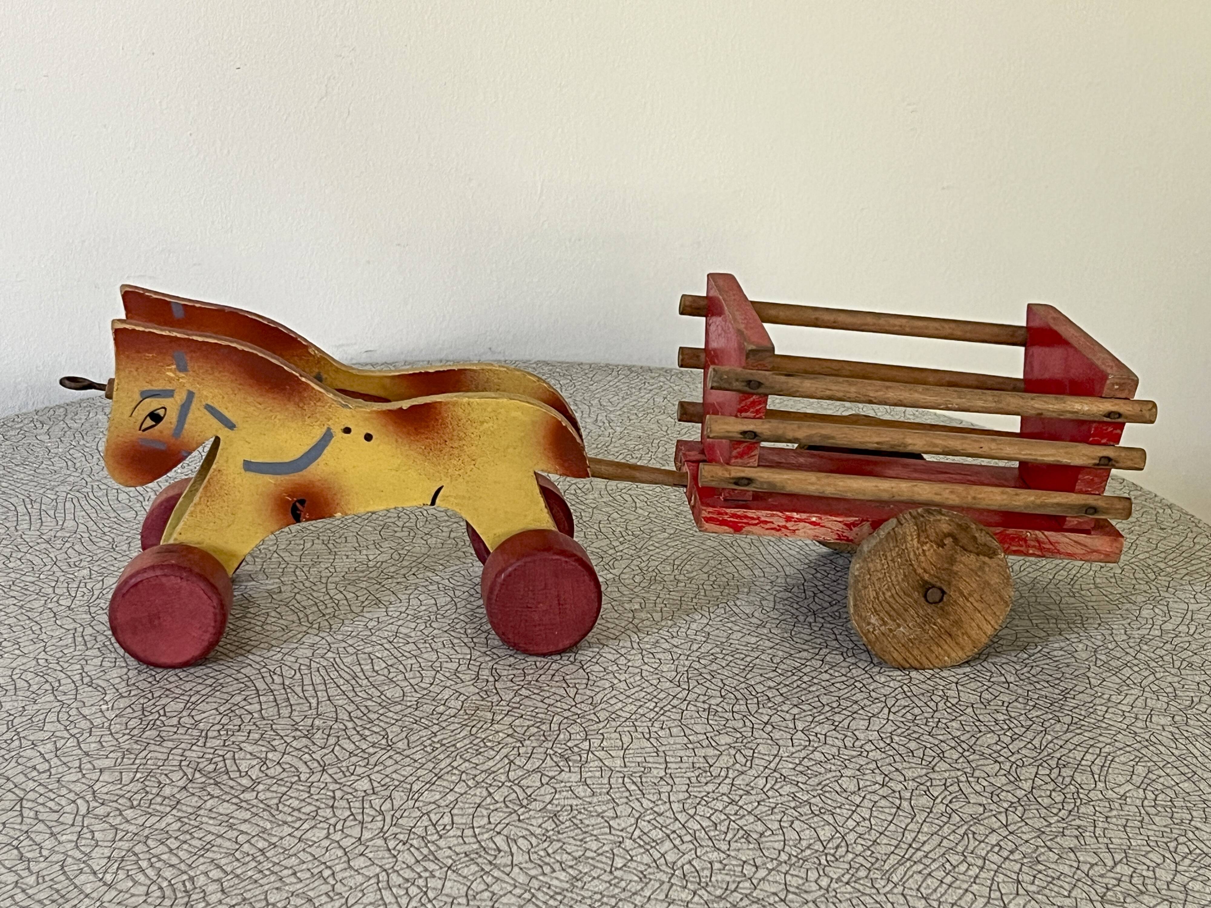 Wooden pull toy, double carriage and cart, antique toy