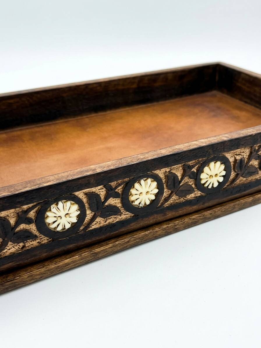 Vintage handcrafted service platter in carved and inlaid wood, India.