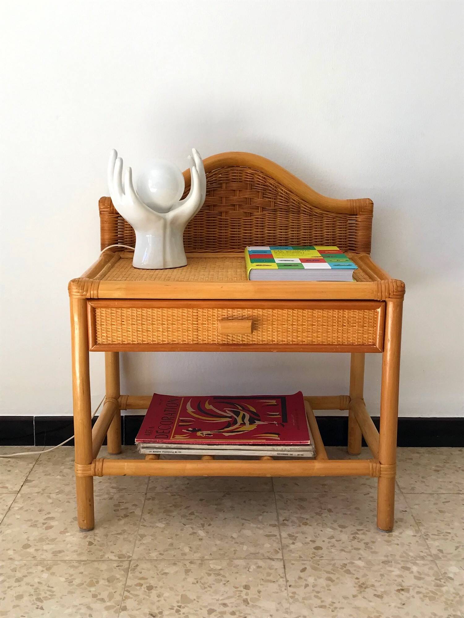 Vintage 80s rattan bedside table
