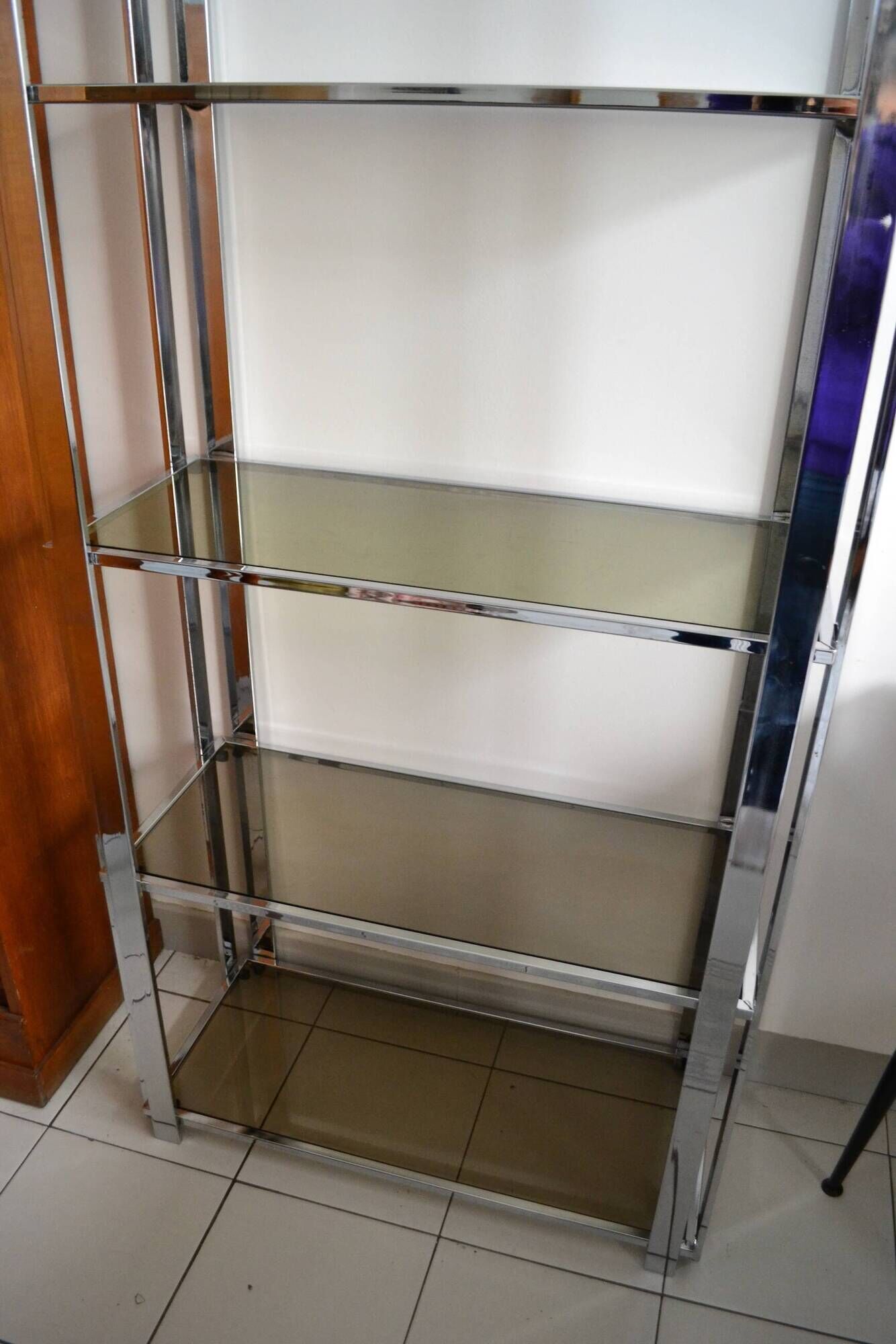 1970s smoked glass chrome bookshelf