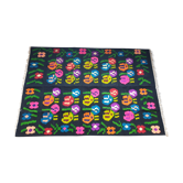 Kilim de laine florale, fond noir avec des fleurs colorées, réversible, Roumanie tissée à la main 235 x 160 cm