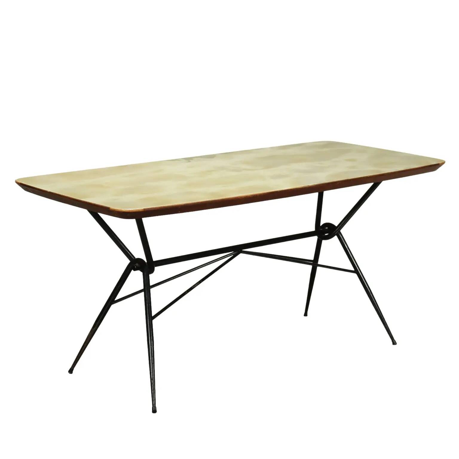 1960s vintage table made of wood and metal with a glass top, Italy.