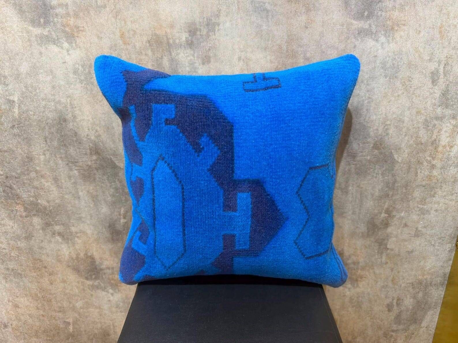 Blue Tribal Totem Rug Pillow, 16x16 Anatolian Wool Cushion