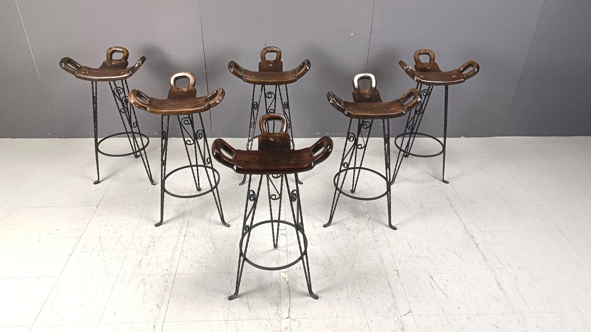Vintage Spanish wrought iron bar stools, 1960s - set of 6