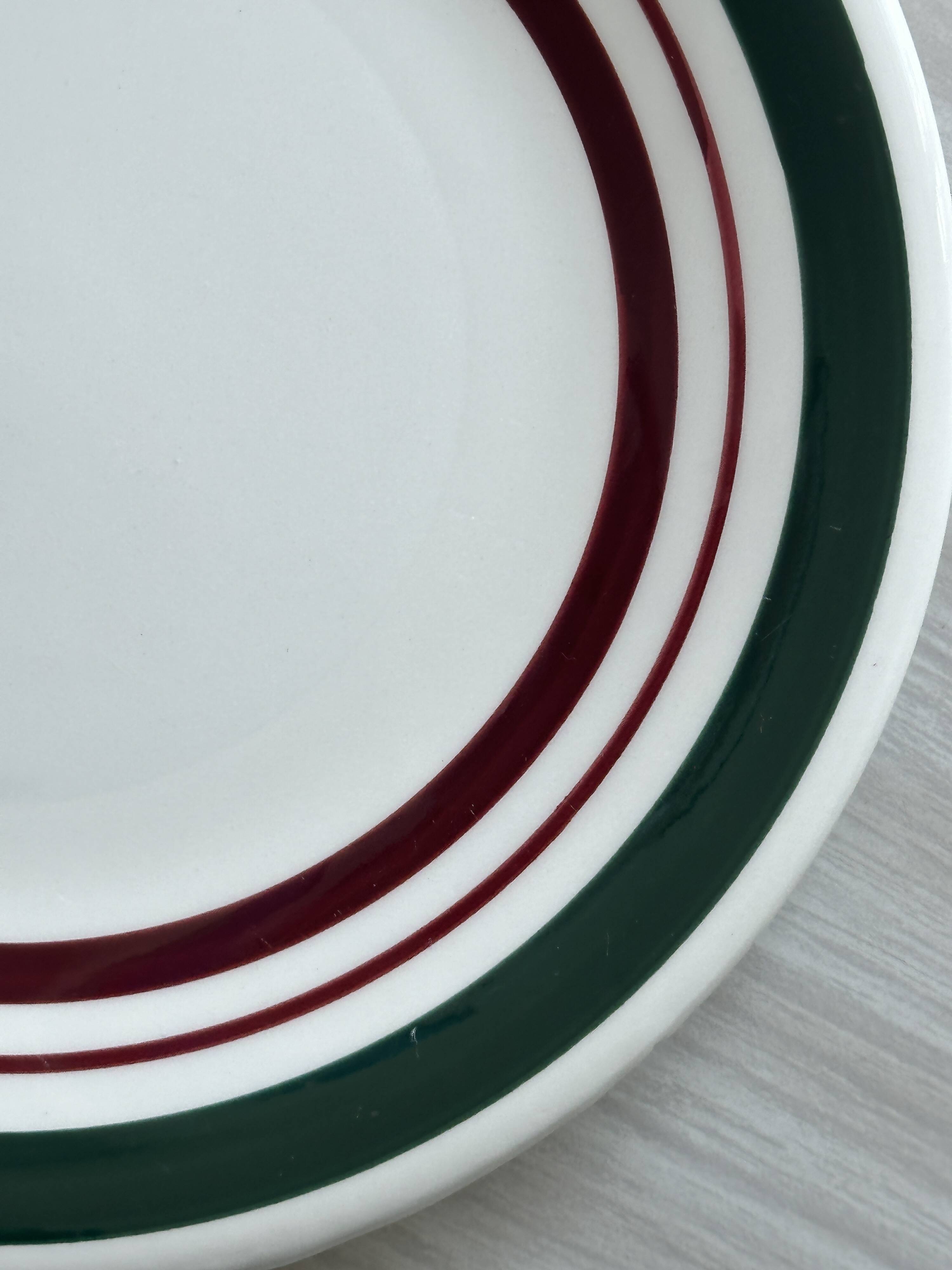 Vintage Dessert Plate Duo with Green and Burgundy Red Border