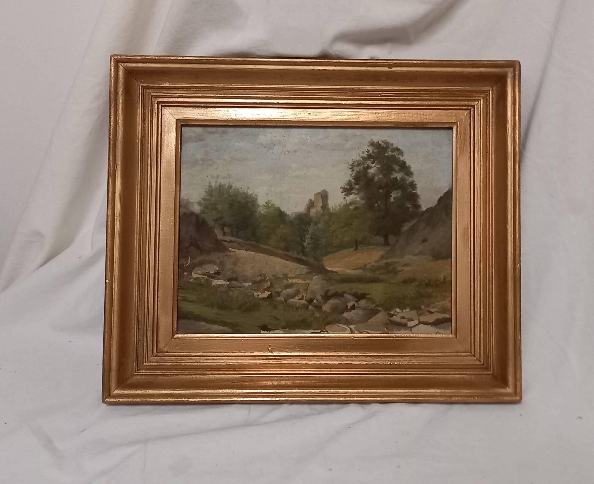 Old painting, oil on wood, rural landscape, small mountain, torrent