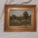Old painting, oil on wood, rural landscape, small mountain, torrent