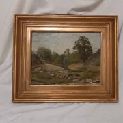 Old painting, oil on wood, rural landscape, small mountain, torrent