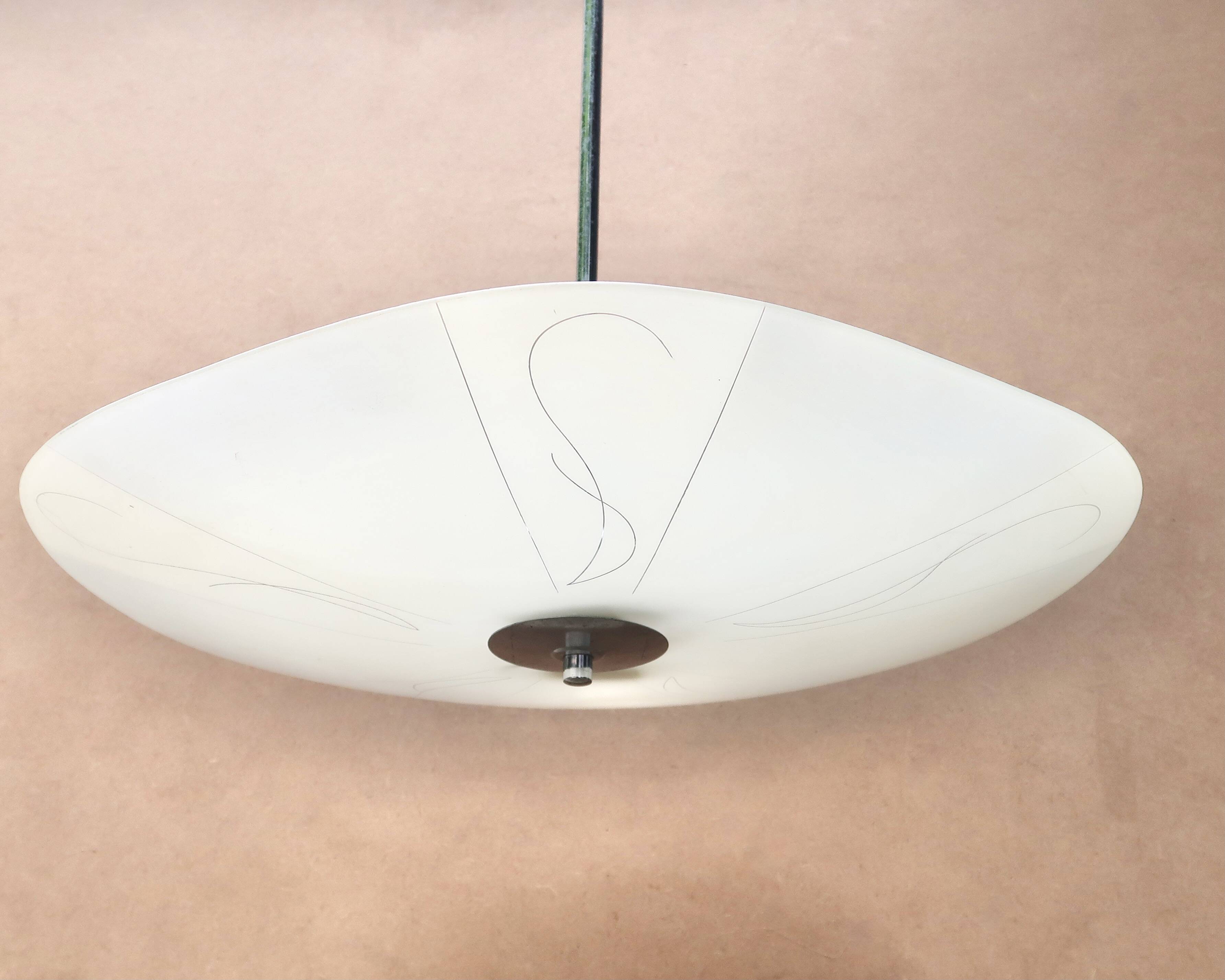 White opaque glass ceiling chandelier, 1950s