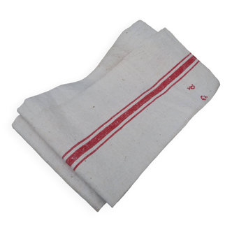 Old tea towel in red striped linen and monogram