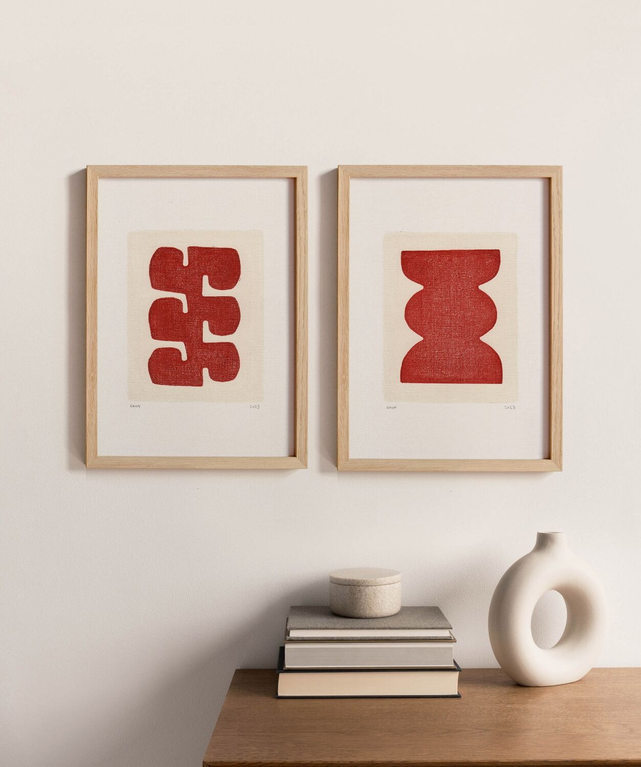Duo de peintures sur papier - rouge brûlé - signés Eawy