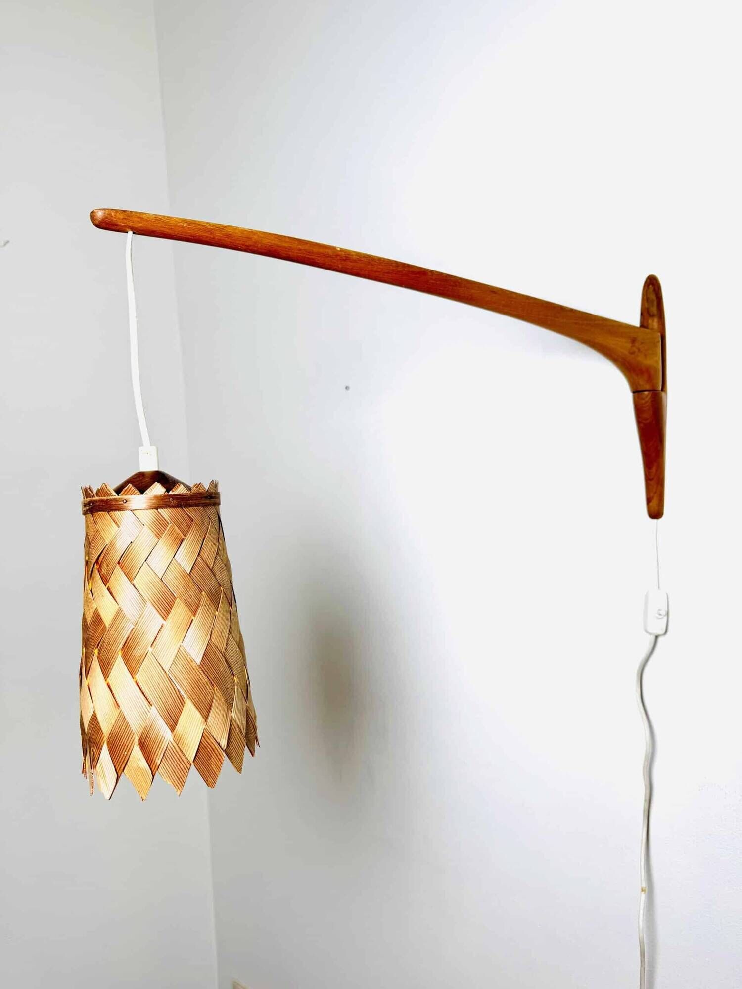 Swivel Arm Teak Wall Lamp With Pine Veneer Shade By Unknown Designer, Sweden 1960S