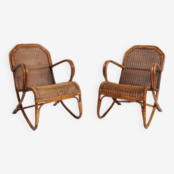 Pair of rattan and wicker armchairs, 1950s.