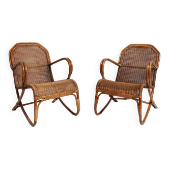 Pair of rattan and wicker armchairs, 1950s.